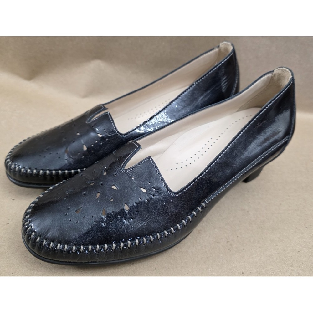 SAS Sonyo (Sz 7.5 W) Patent Leather Heels Shoes Loafers Charcoal Gray Women's